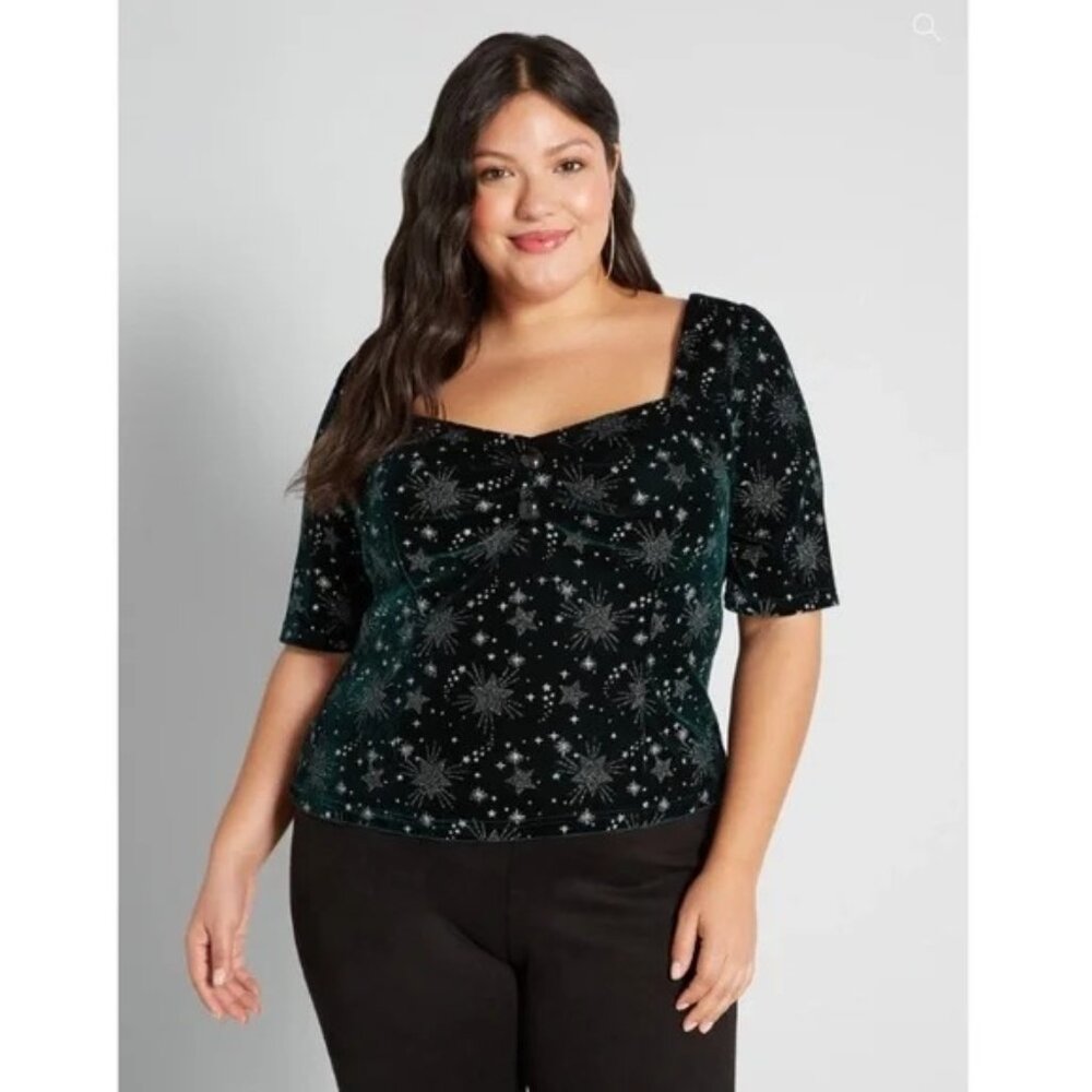 NWT Modcloth X Collectif Green Velvet Glitter Star Printed Square Neck Shirt Top